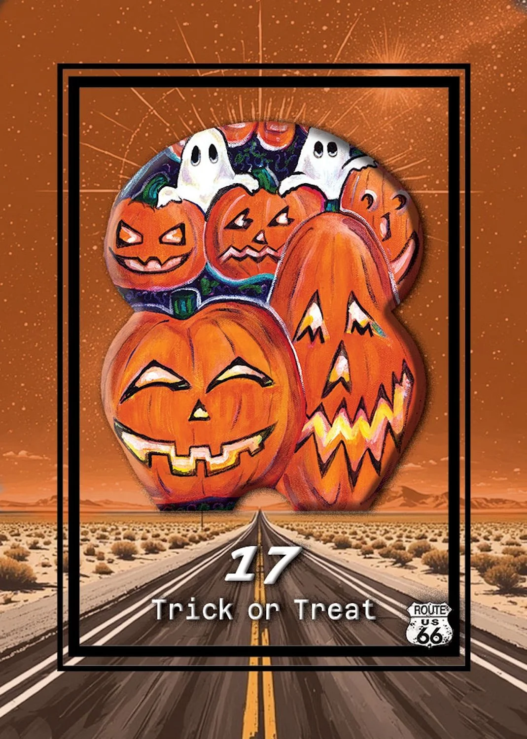 Illustration of a desert landscape with a highway extending to the horizon. Overlaying the scene is a large cluster of animated carved pumpkins with spooky faces, along with two ghost figures above them. The background is orange with star-like sparkles, and there is a black rectangular border with the text "17 Trick or Treat" and a Route 66 shield icon at the bottom right.