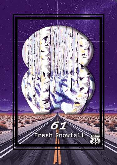 Snow-covered trees reflected in a large key-shaped mirror, set against a starry purple night sky with Route 66 road in foreground.