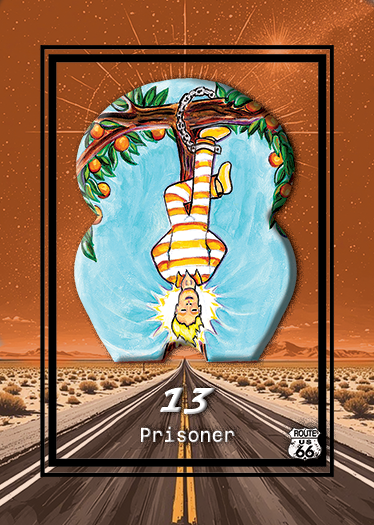 Illustration of a person with striped clothing hanging upside down from a tree branch, with a large blue and white vessel shape in the background, set against a desert landscape with a highway. The number 13 and the word 'Prisoner' are displayed, alo