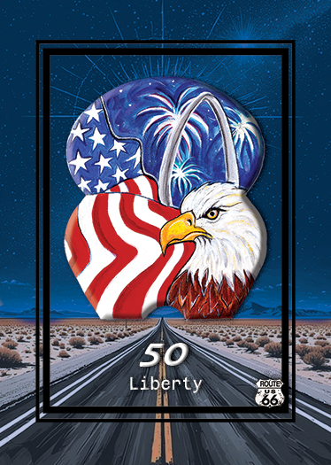 A painted graphic with an American flag, fireworks, and an eagle's head, representing Liberty, with the Route 66 symbol and the number 50.