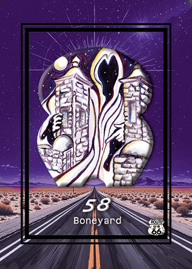 A stylized poster with a space scene background, featuring a surreal humanoid figure painted in abstract colors holding two tall buildings, with Route 66 logo and the number 58, labeled 'Boneyard'.