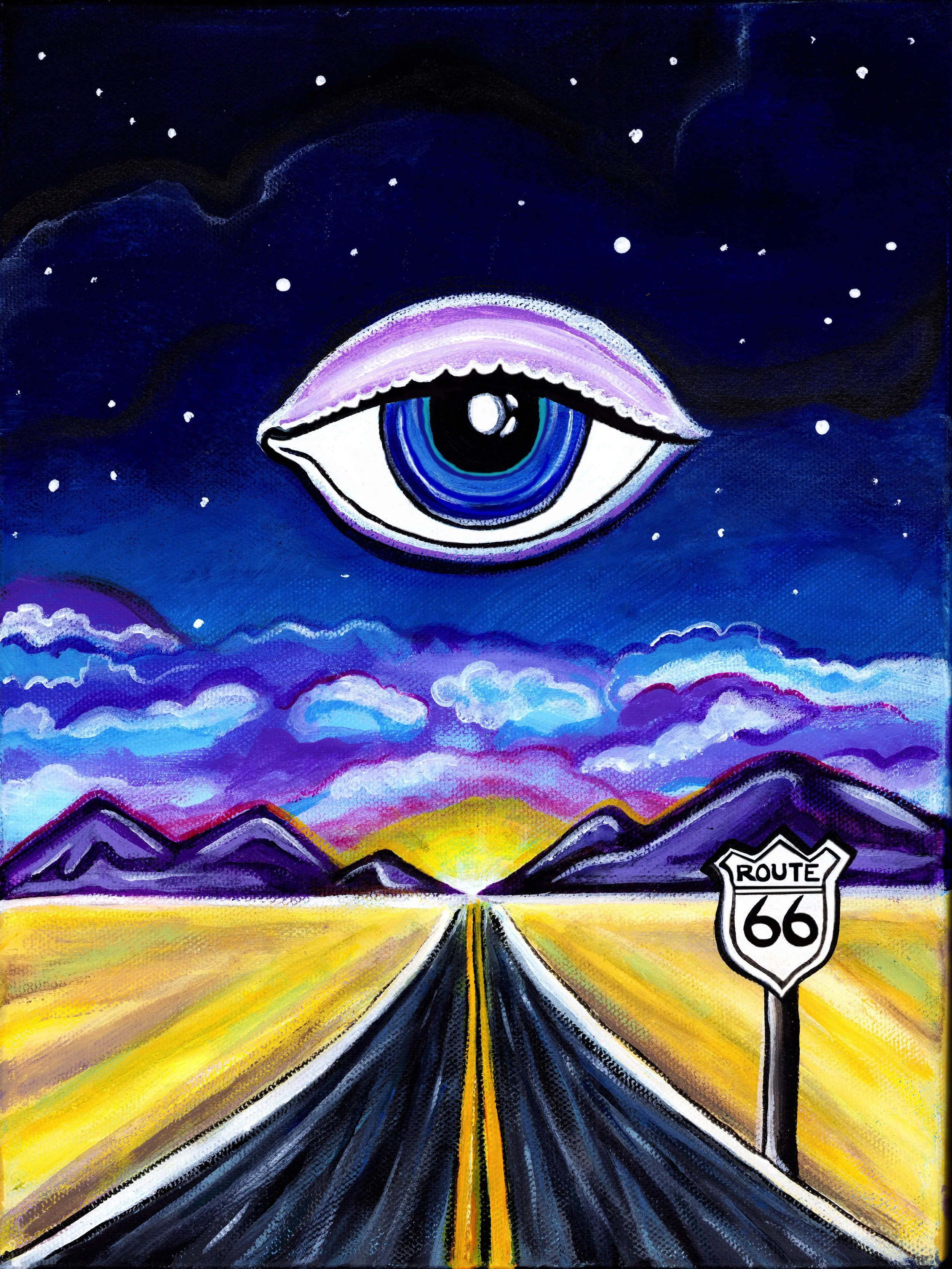 A surreal painting depicting a road leading into mountains at sunset, with a large eye with a blue iris hovering in a starry night sky above. Route 66 sign is seen on the right side.