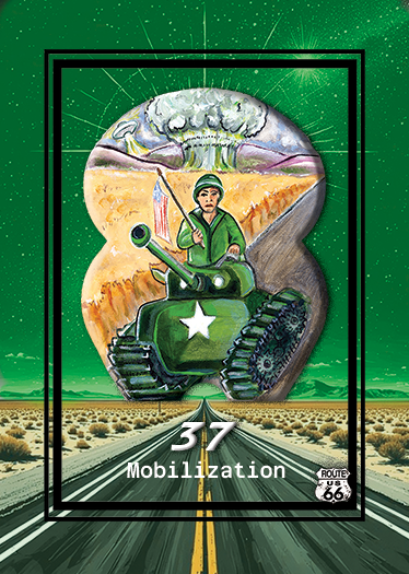 Illustration of a soldier in military gear riding a tank with a star emblem, holding a flag, with a nuclear explosion and a desert landscape in the background, labeled '37 Mobilization'.