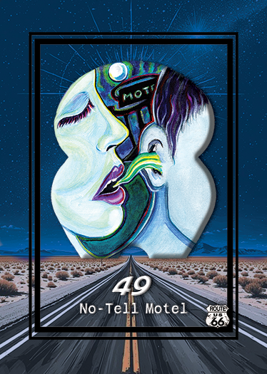 Artwork depicting a large face of a woman and a smaller face of a man sharing a mouth and nose, set against a starry night sky with a desert landscape and Route 66 road in the foreground, with signs reading '49' and 'No-Tell Motel'.