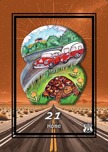A stylized illustration with Route 66 theme, featuring a split oval with a vintage red car, a green landscape with trees, a road, a tortoise, and flowers, set against a desert highway background.