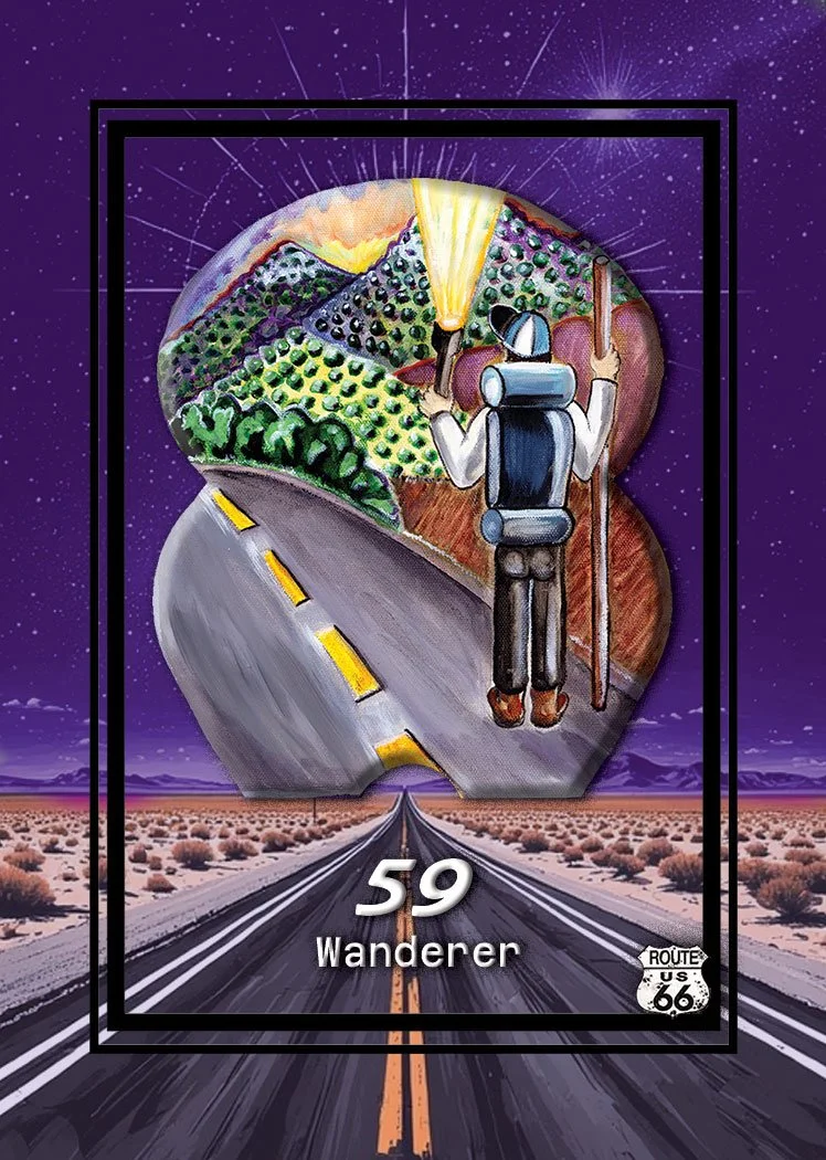 Illustration of a traveler walking down a road in a desert landscape with mountains and a starry sky, holding a walking stick and a hat. There is a large, circular image of terraced farmland and a mountain behind him, with bright colors and a cosmic 