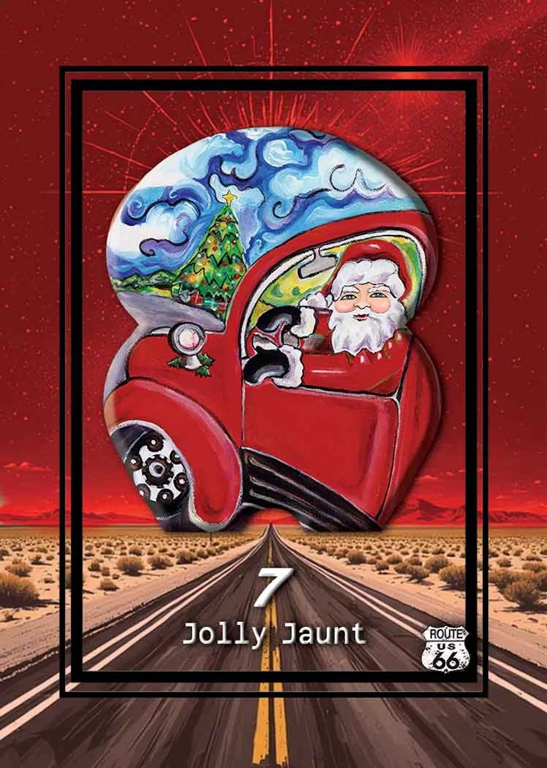 Colorful illustration of Santa Claus in a red vintage truck with a Christmas tree in the back, driving down a desert highway with a red sunset sky, framed with a black border overlaid on a Route 66 sign and the number 7, titled 'Jolly Jaunt'.