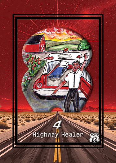 Artwork depicting a woman standing on a highway with a scenic background of a train, countryside, and sunset, labeled 'Highway Healer' and Route 66.