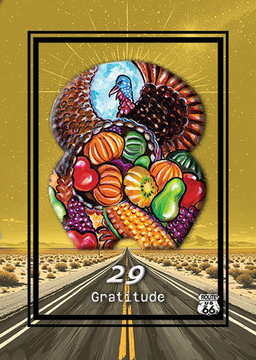 Illustration of various fruits and vegetables inside a turkey silhouette with a blue turkey in the sky, set against a route 66 road leading to a desert and yellow sky background.