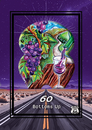 Colorful postcard featuring a grapes, vineyard, and wine glass, with Route 66 road in desert landscape at night in the background.