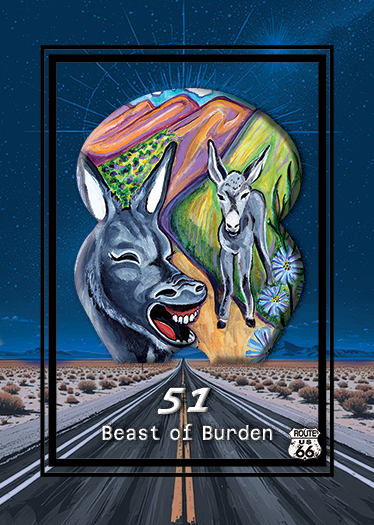 A colorful illustration featuring a donkey and a wolf, with a scenic background of mountains and fields, overlaid with the text '51 Beast of Burden' and Route 66 graphic.