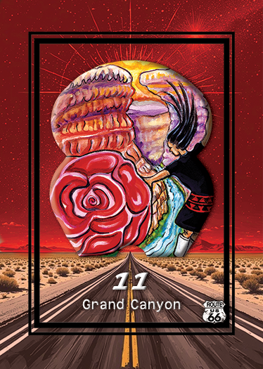 A colorful artistic illustration of a woman with long black hair, dressed in traditional clothing, reaching out to touch a large, abstract rose-shaped object. The scene is set against a red desert landscape with a road leading to the horizon, framed 