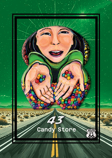 A colorful illustration of a person with a smiling face, holding hands filled with candy, on a green background with a road and desert landscape, promoting a candy store.