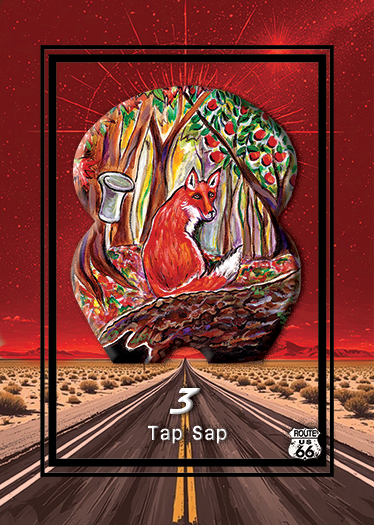 A digital artwork featuring a fox sitting on a tree branch in a colorful forest, framed within an oval shape. The background shows a desert highway with Route 66 branding and a red starry sky, with instructions to tap to tap sap.