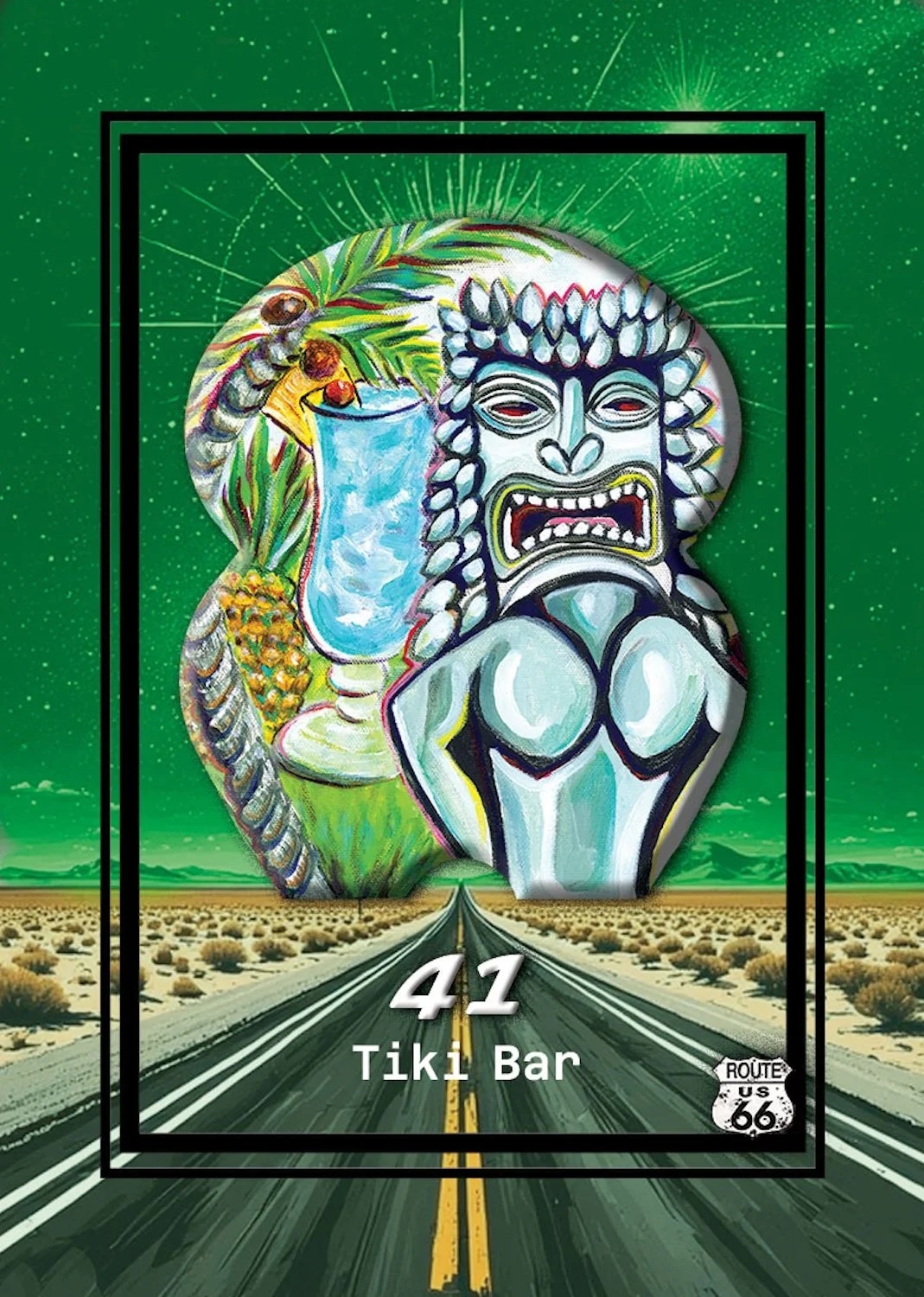 Artistic mural featuring a tropical drink with pineapple, pineapple leaves, and cherries, alongside a colorful, fierce-looking tiki figure with an open mouth, set against a desert landscape with a road and green sky, framed by a black border with Route 66 sign.