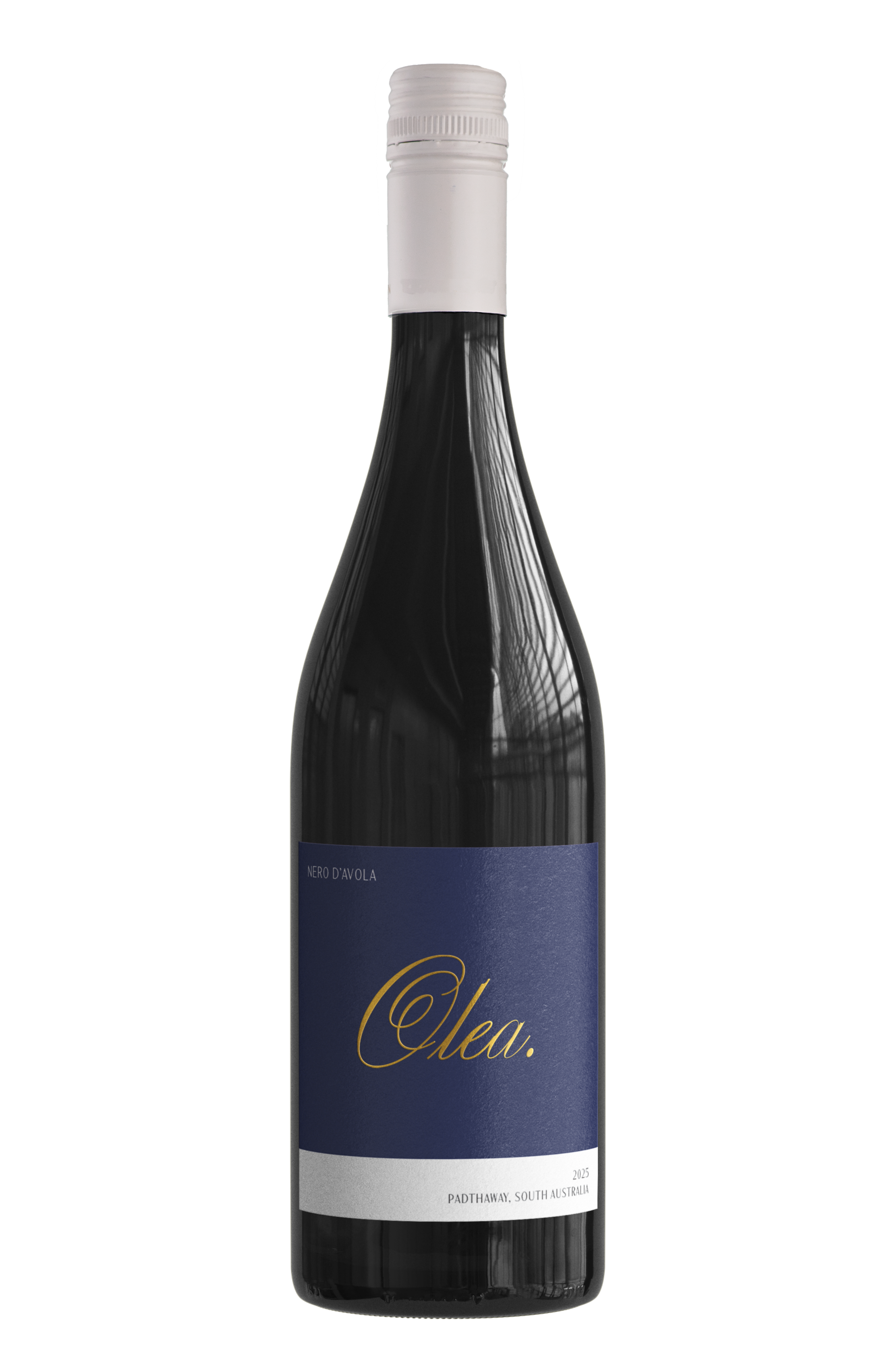 A wine bottle with a dark blue label that reads 'Olea' in gold cursive, and smaller white text that says 'Nero D'Avola' and 'Padthaway, South Australia 2025'.