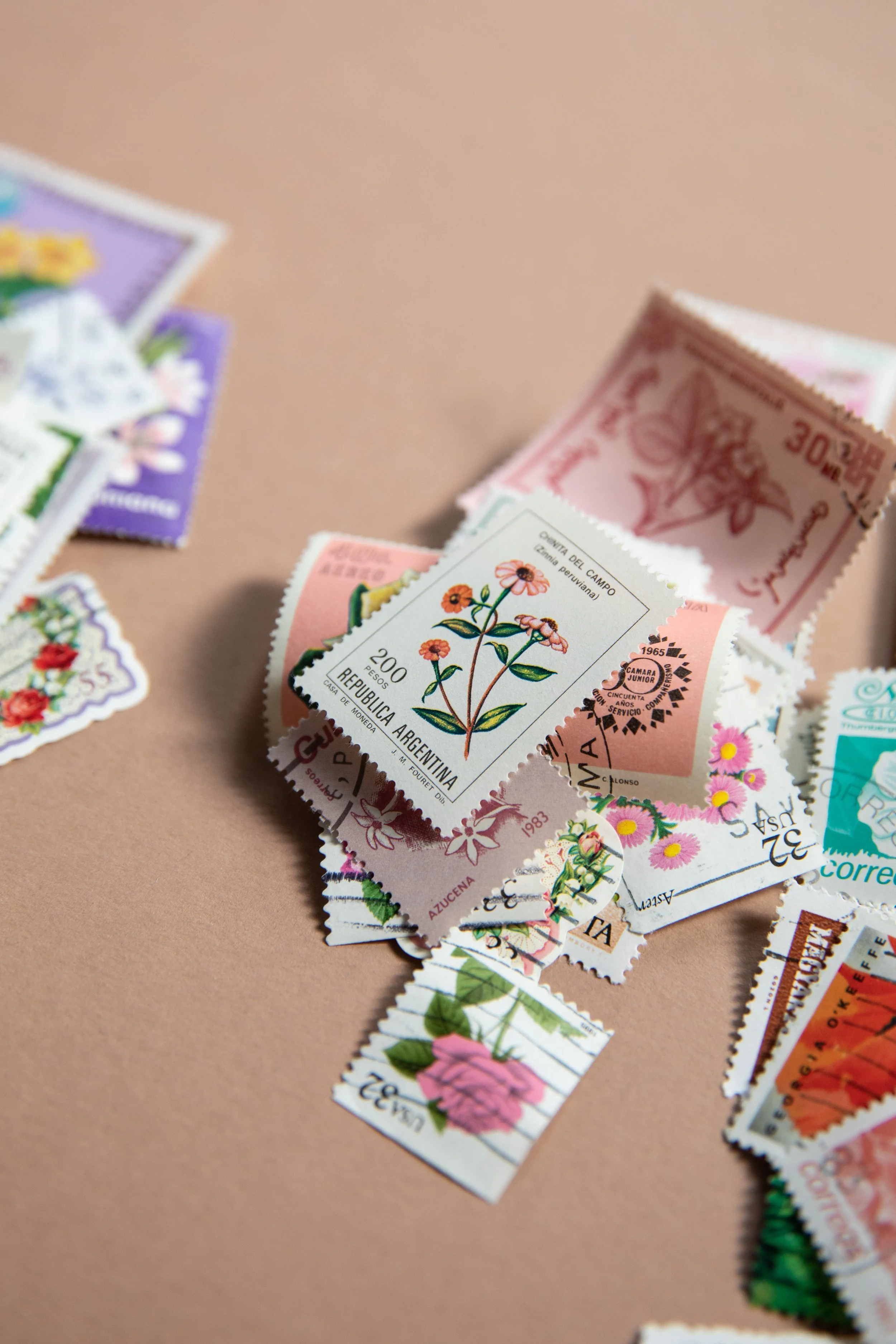 Verschiedene Briefmarken mit Blumenmotiven, auf einem braunen Hintergrund liegend.