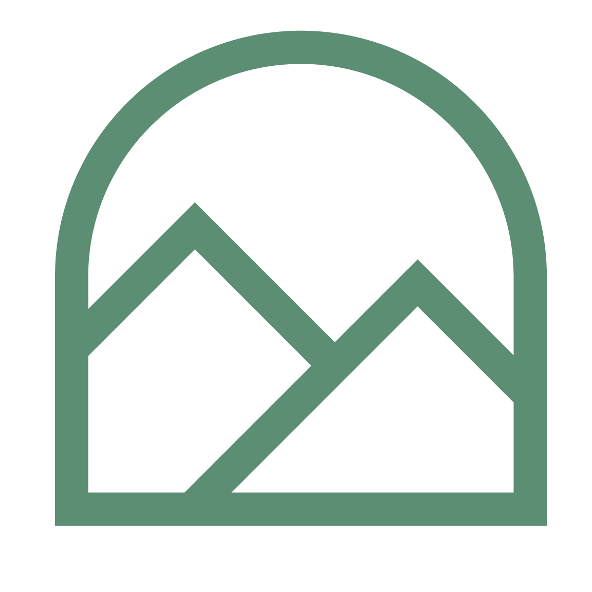 Icon of a mountain landscape with a sun or moon above mountains, enclosed in an arched frame.