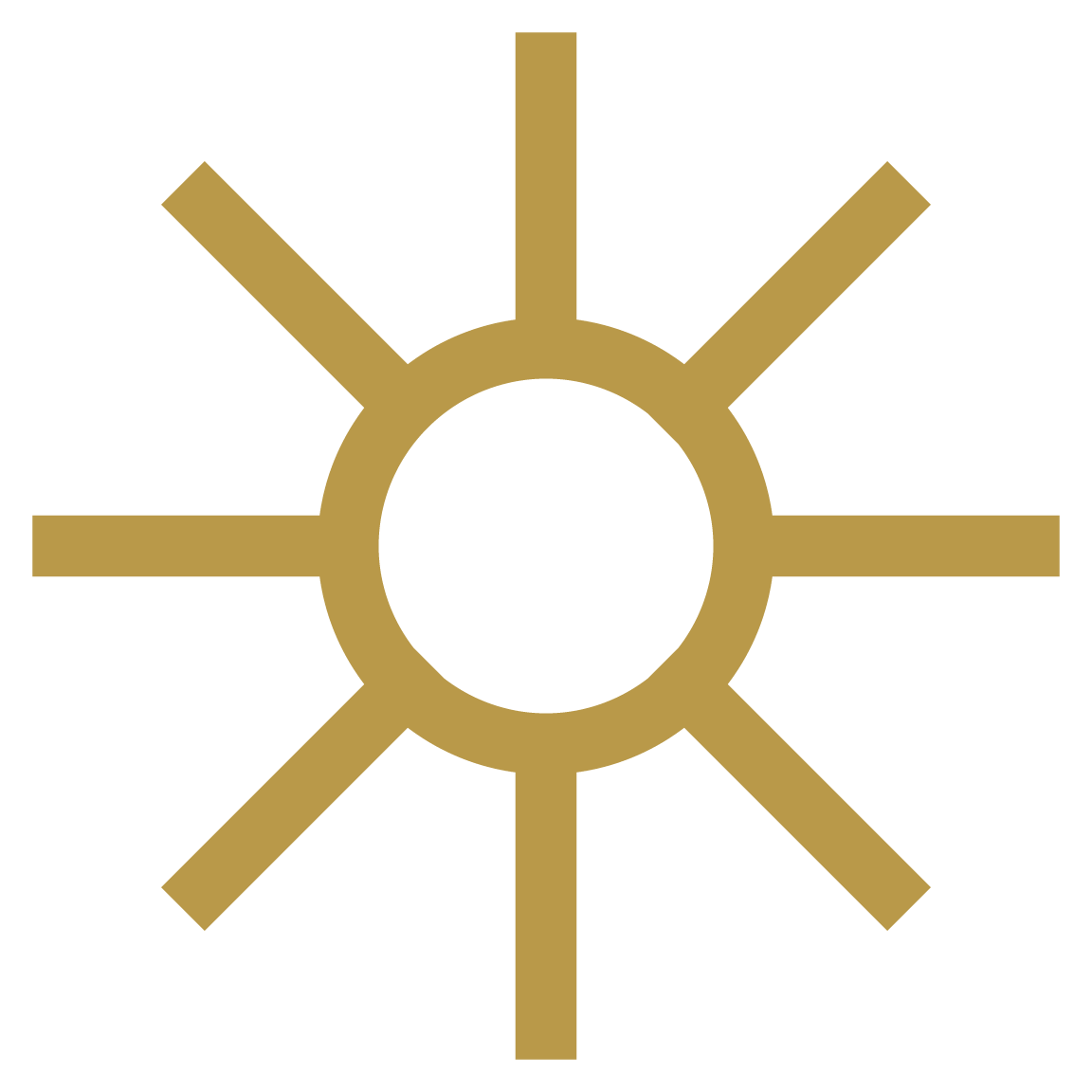 A graphic design of a gold stylized sun with a circular center and straight rays extending outward in various directions.