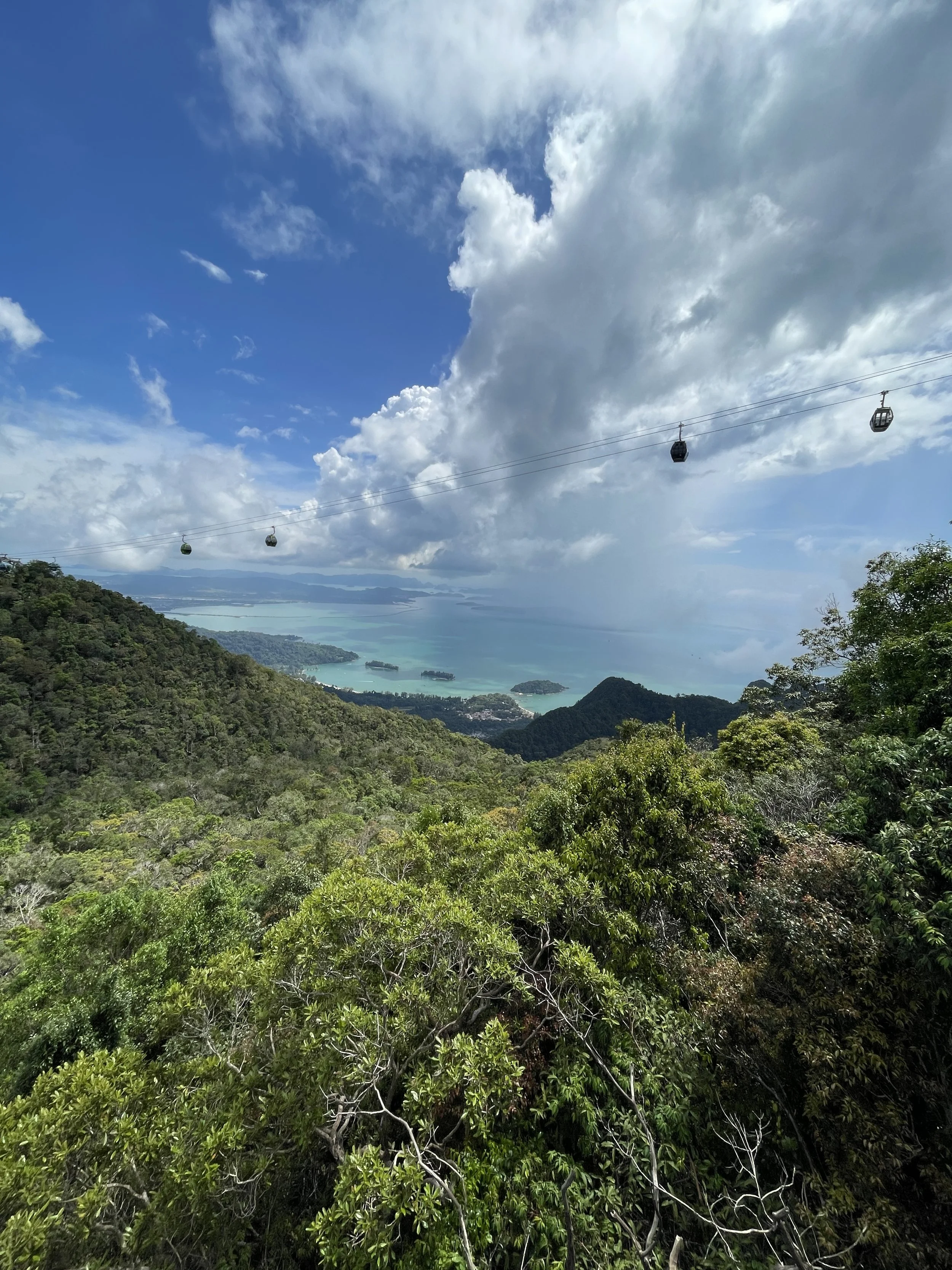 View from a mountain overlooking lush green forest, with a cable car system crossing the sky, and a coastal landscape with islands and blue water in the background under partly cloudy skies.