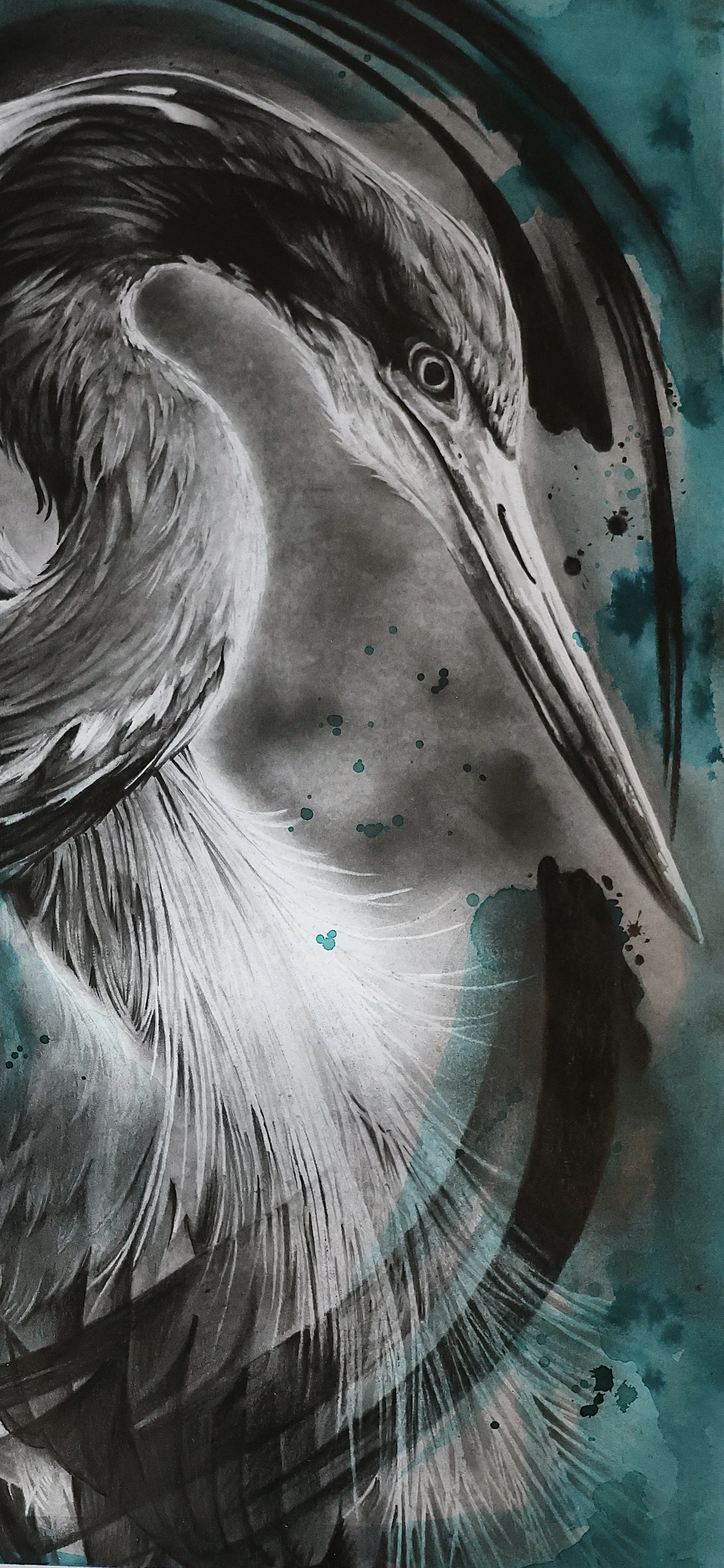 A detailed monochrome painting of a heron with shades of teal and black ink splashes in the background.