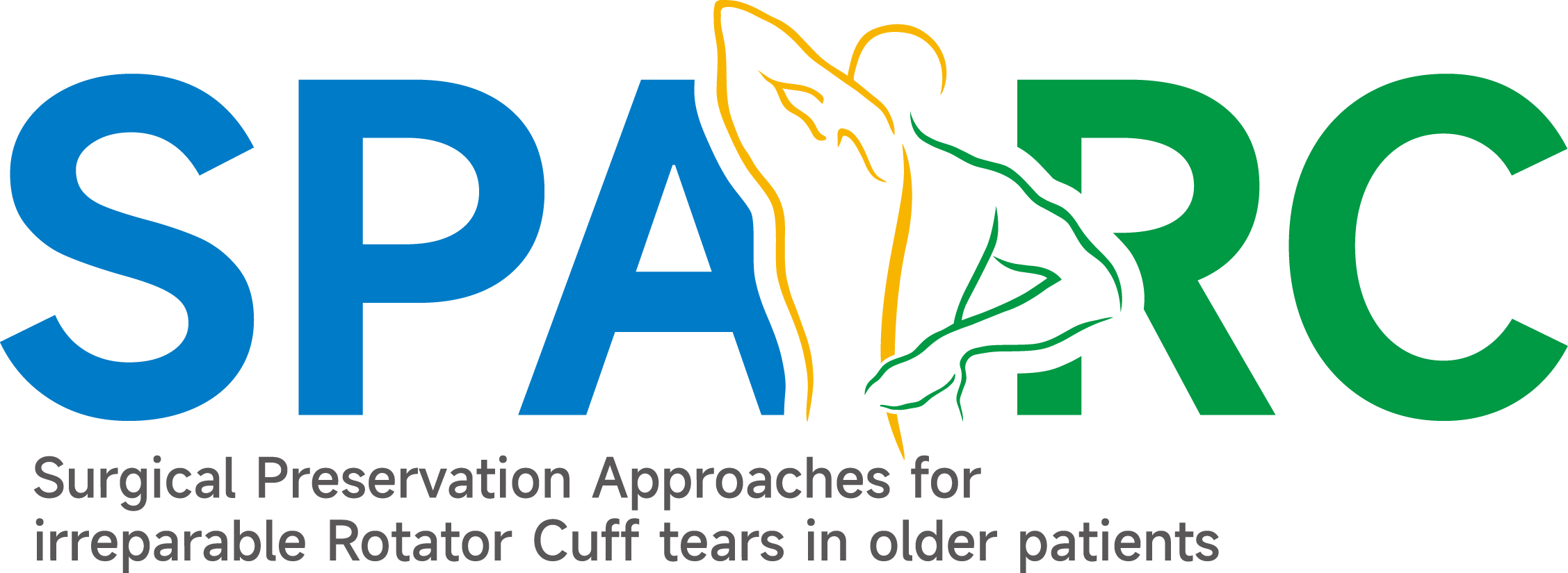 A logo with the word SPARC in large blue and green letters, with a stylized outline of a human neck and spine in yellow and green integrated into the text. Below, the text reads "Surgical Preservation Approaches for irreparable Rotator Cuff tears in older patients."
