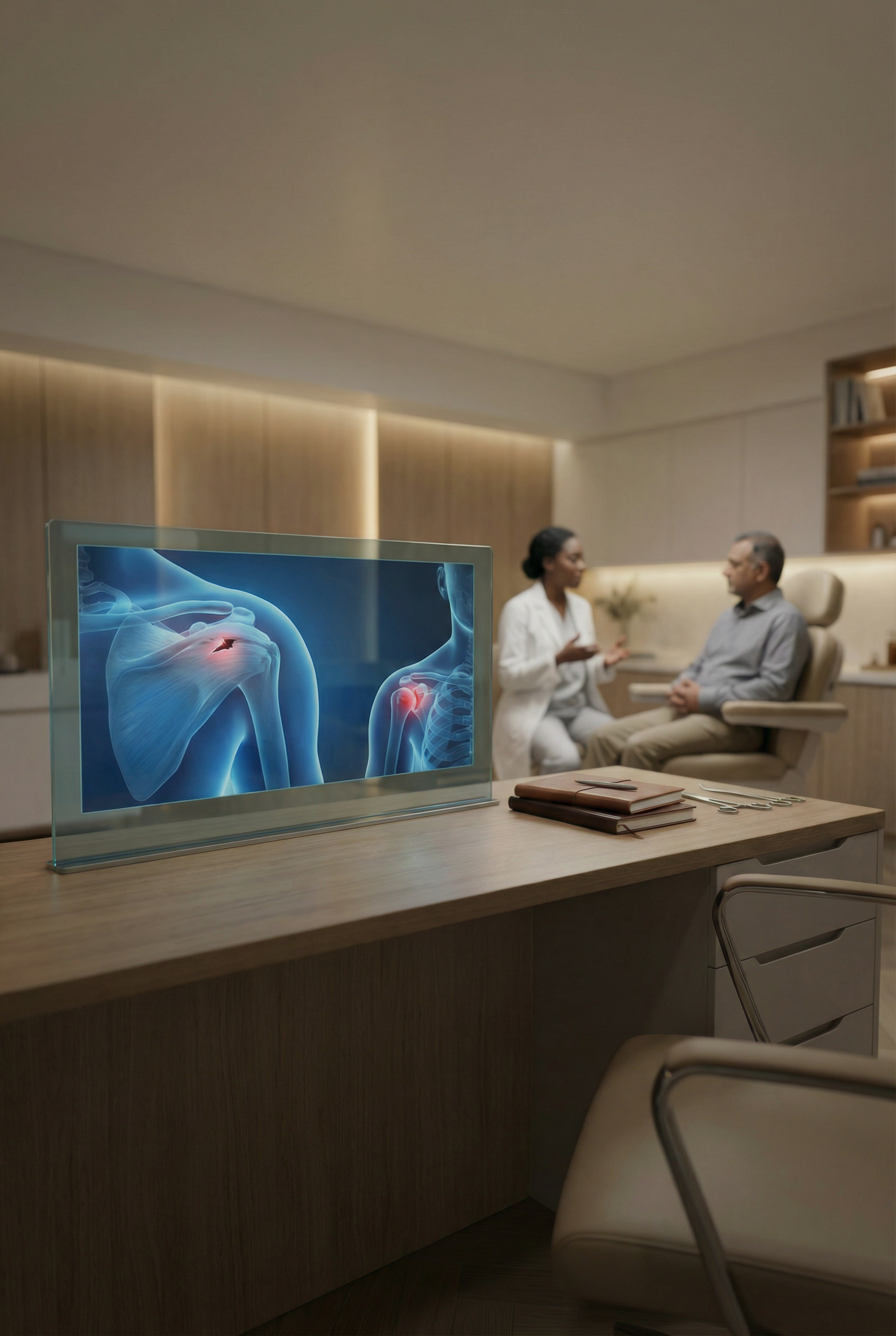 Medical consultation room with a doctor talking to a patient, and a monitor displaying images of shoulder and joint pain.