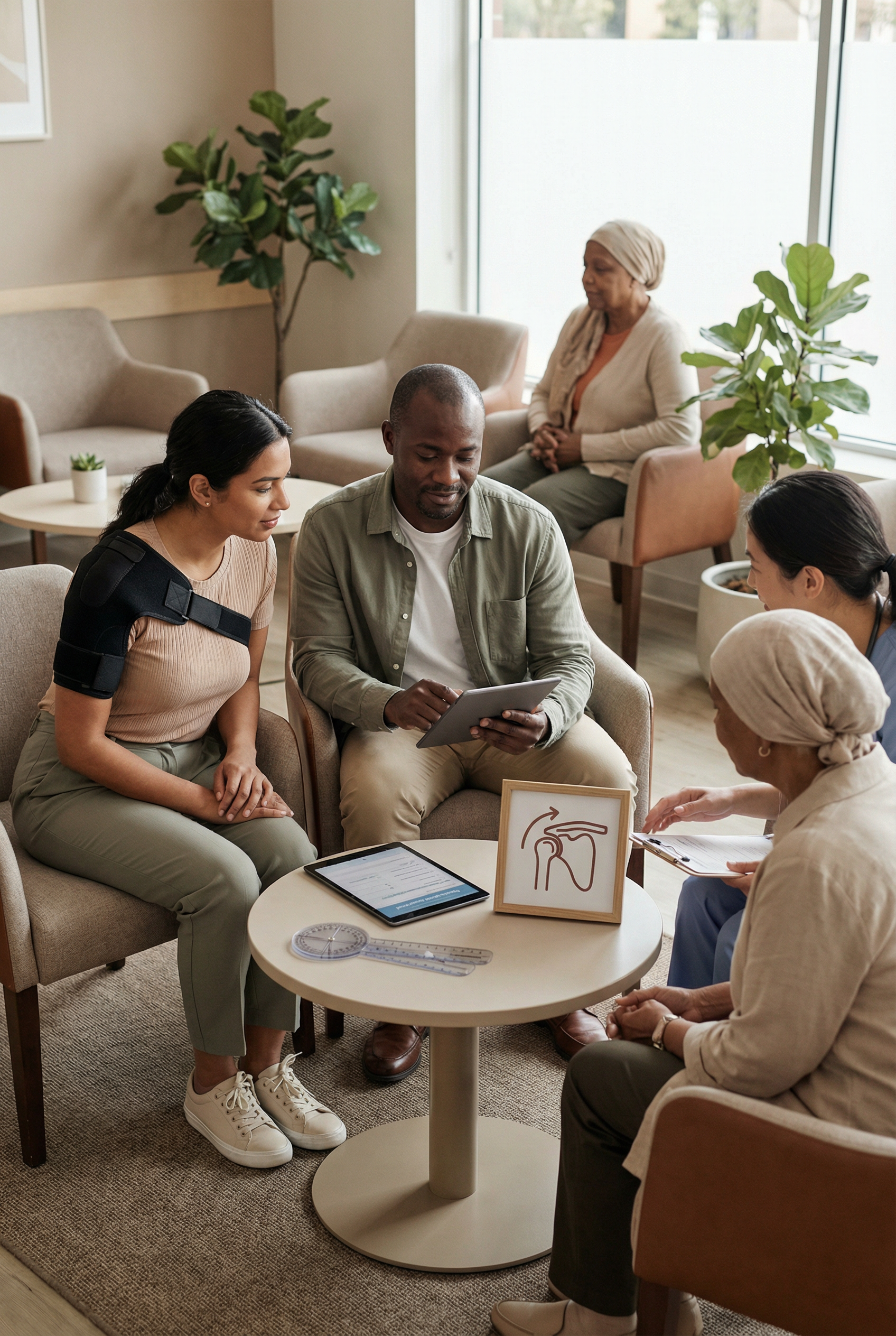 A group of people, including a woman with a shoulder brace and a woman with a headscarf, sitting in a waiting room with a healthcare professional discussing a diagram of a shoulder joint.