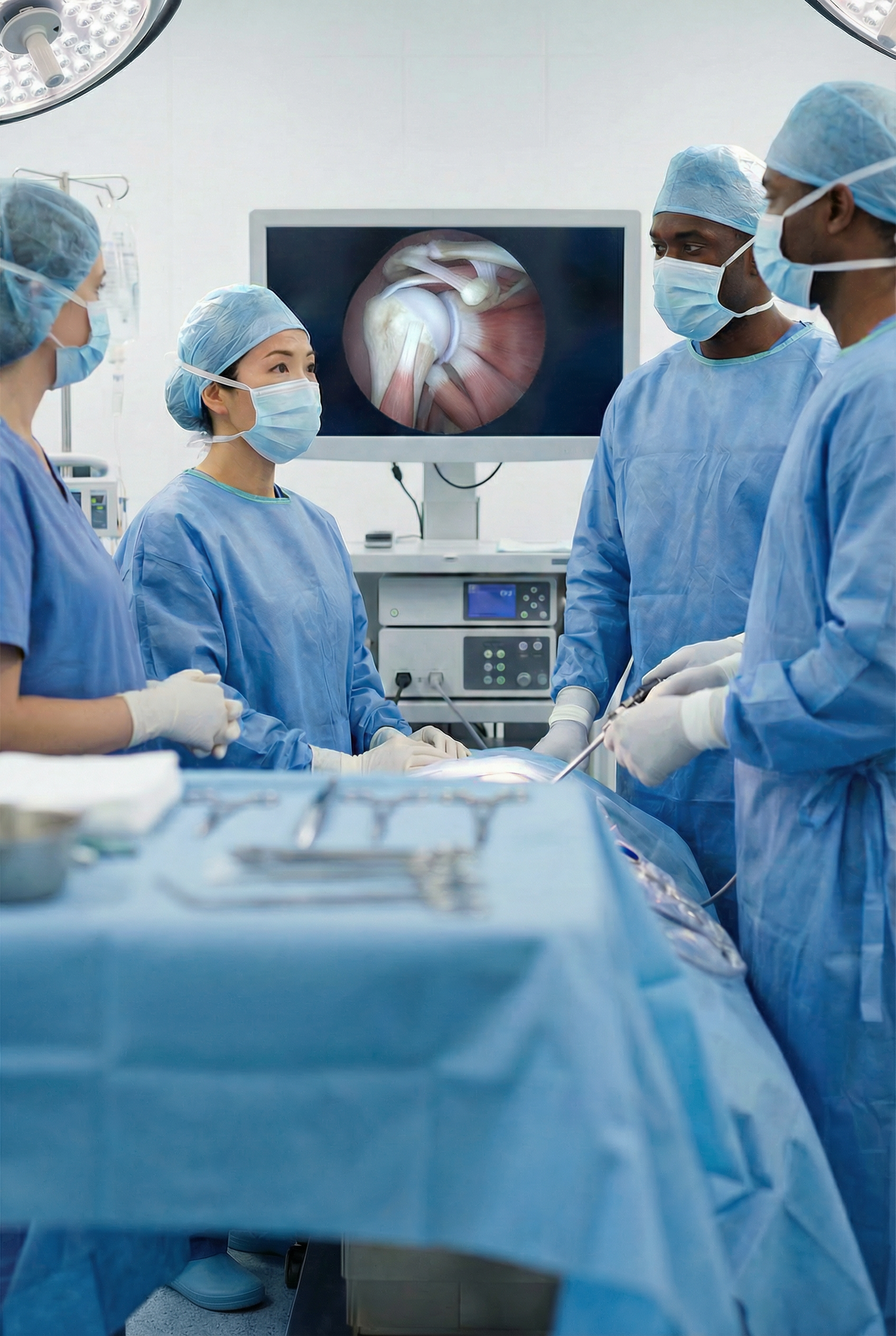 A team of surgeons in blue scrubs and masks perform surgery in an operating room. A monitor behind them displays an image of a knee joint.