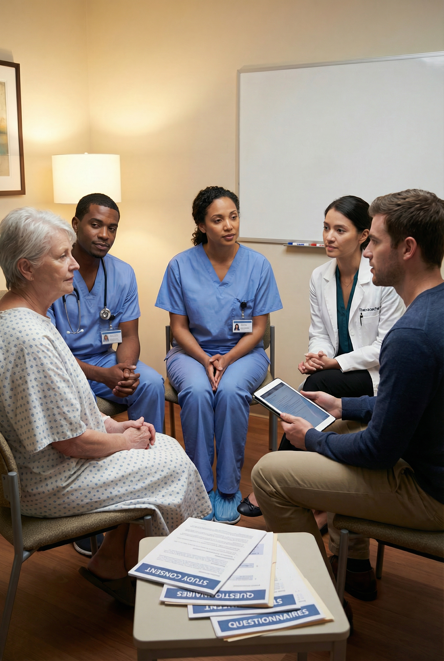 A diverse group of medical professionals, including nurses and doctors, having a discussion with an elderly female patient in a hospital room. The woman is seated and wearing a hospital gown, while the medical team listens attentively. There are medical documents on a table nearby.