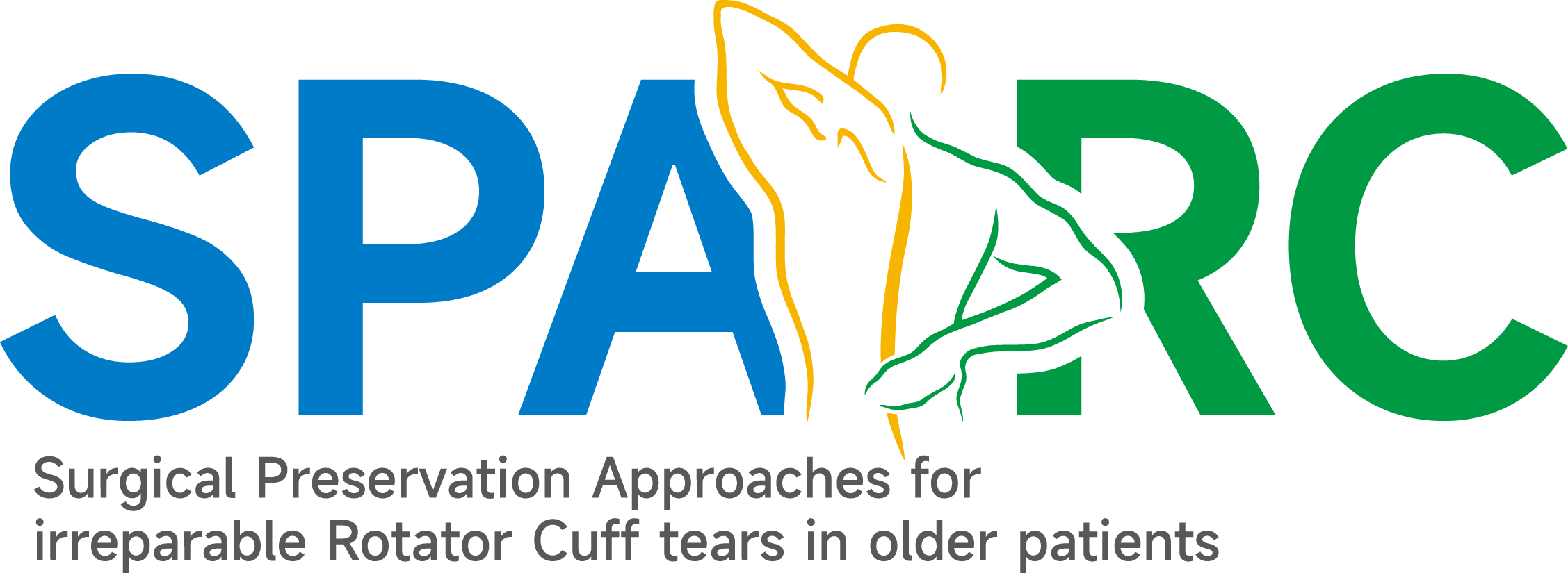 Logo for SPACE, Surgical Preservation Approaches for Irreparable Rotator Cuff Tears in Older Patients, with stylized text and a graphic of a hand pulling back a shoulder joint.