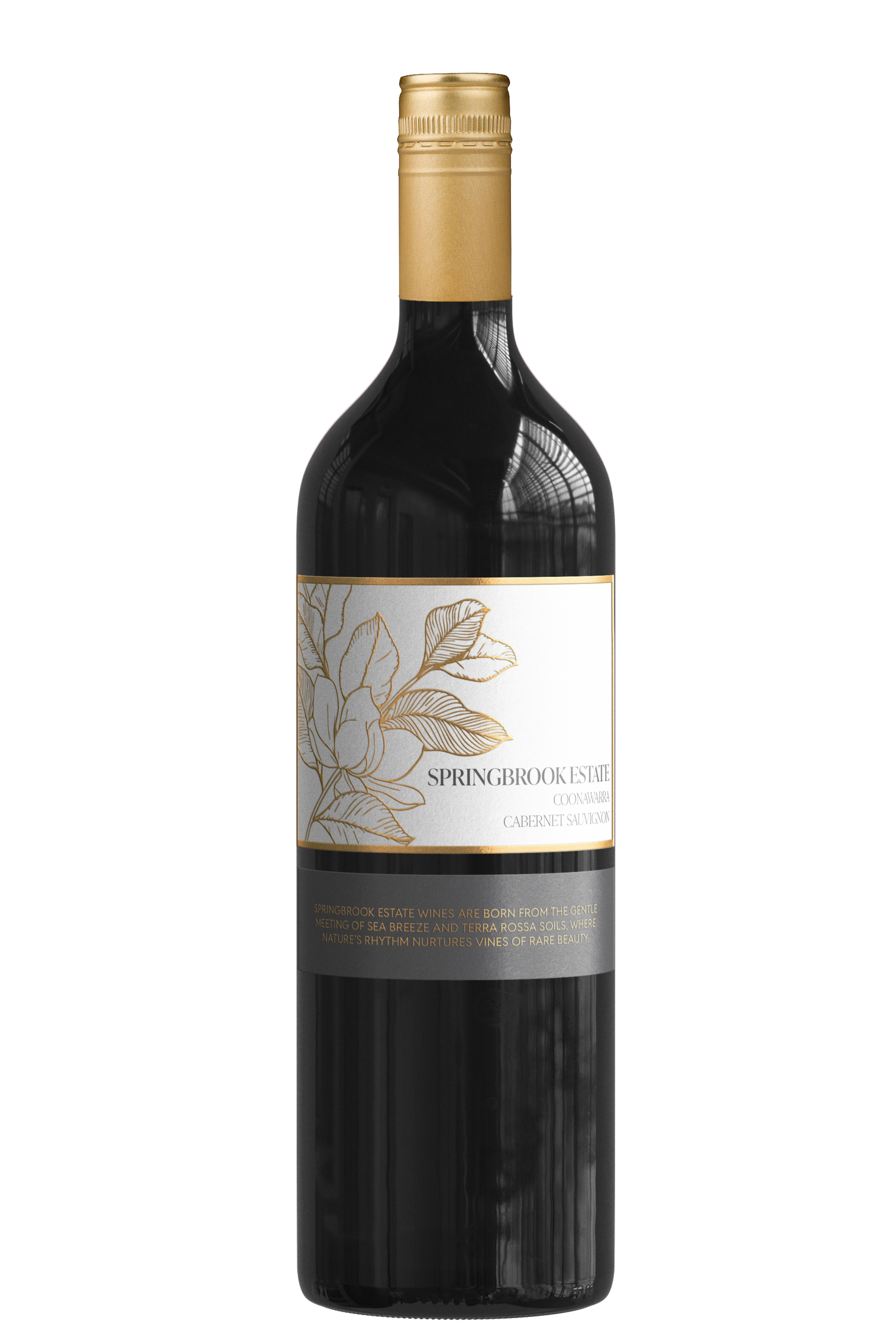A bottle of Springbrook Estate Cabernet Sauvignon wine with a black glass body and beige capsule, featuring a white label with gold outline and gold floral line art.