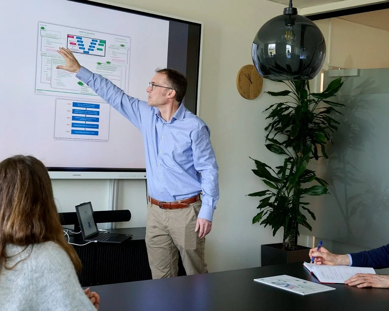 Man in blue shirt giving a presentation to a group in a conference room, pointing at a large screen displaying flowcharts and diagrams.