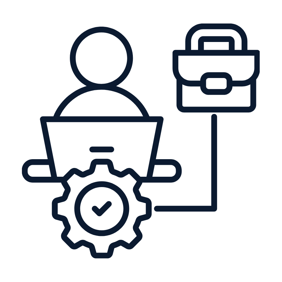 Outline of a person working on a laptop with a gear and a checkmark, a briefcase, and a line connecting to the briefcase.
