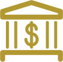 A stylized drawing of a bank or financial institution with a dollar sign on the front.
