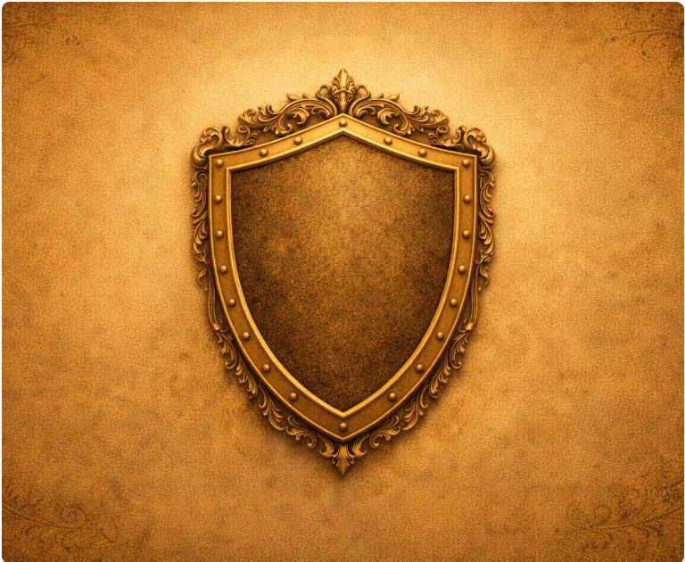 A decorative gold shield-shaped plaque with ornate detailing on a beige wall.