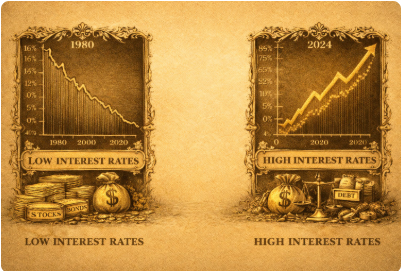 Comparison of interest rates from 1980 to 2024, showing a decline to low interest rates in 1980 and an increase to high interest rates in 2024, with graphs and money bags labeled 'stocks,' 'bonds,' and 'debt'.
