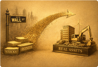 A golden dust trail labeled 'Stocks' and 'Bonds' rising from boxes labeled 'Stocks' and 'Bonds' on the left toward an arrow-shaped point in the sky, moving away from a construction site with a crane and buildings labeled 'Real Assets' on the right.