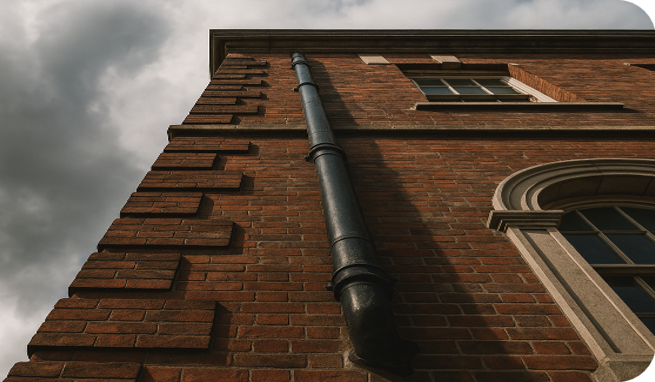 Close-up of a brick building exterior with a black drainpipe running down the wall and a cloudy sky in the background.