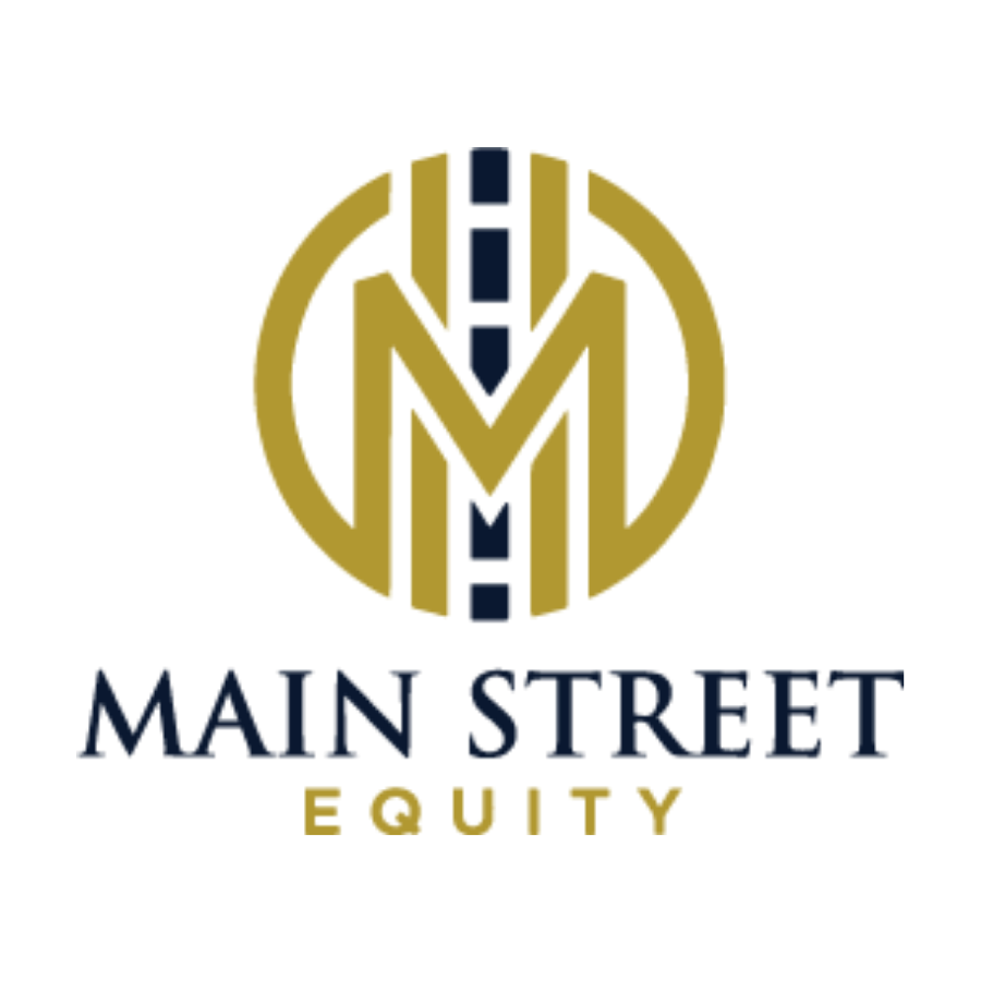 A logo featuring a large gold letter 'M' with a downward arrow in the middle, encircled by a gold ring, and the text 'Main Street' below in dark blue.