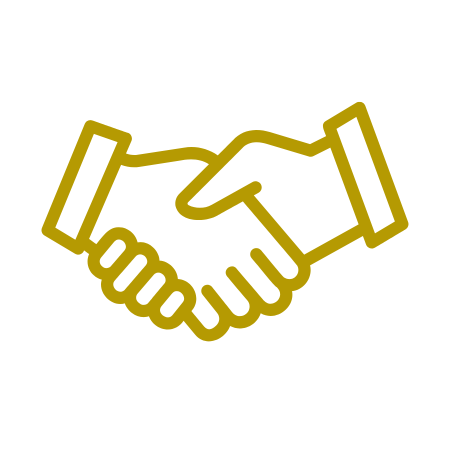 Gold outline of two hands shaking, symbolizing agreement or partnership.