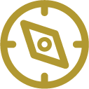 A gold-colored compass icon on a white background.