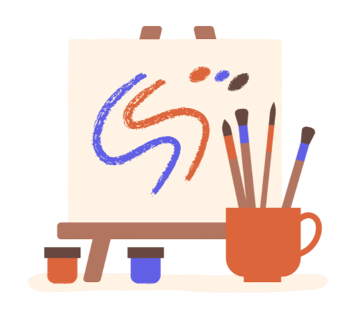 Tekenmaterialen, zoals verfborstels en potjes verf, op een tafel voor abstracte kunst.