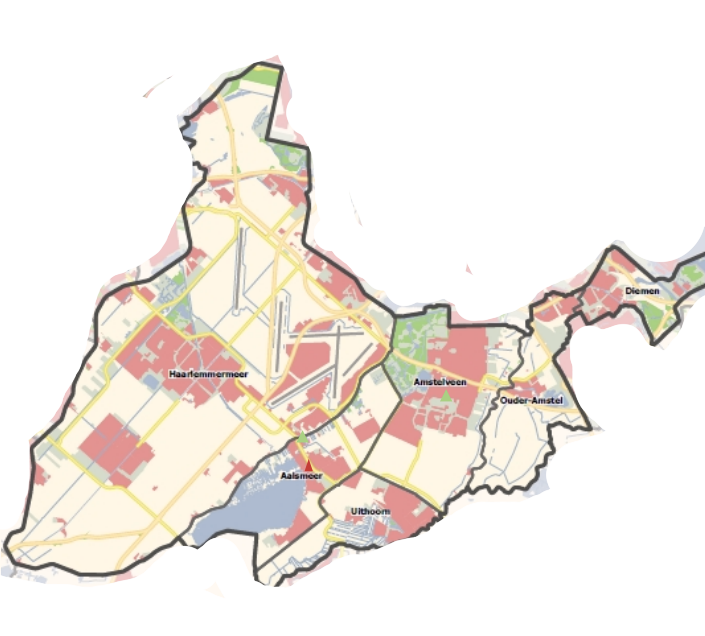 Een kaart van Haarlem en de omliggende steden, met verschillende gebieden en wijken aangegeven.