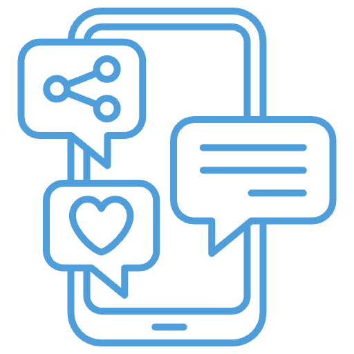 Line art icon of a smartphone with social media and messaging symbols, including share, heart, and chat bubbles.