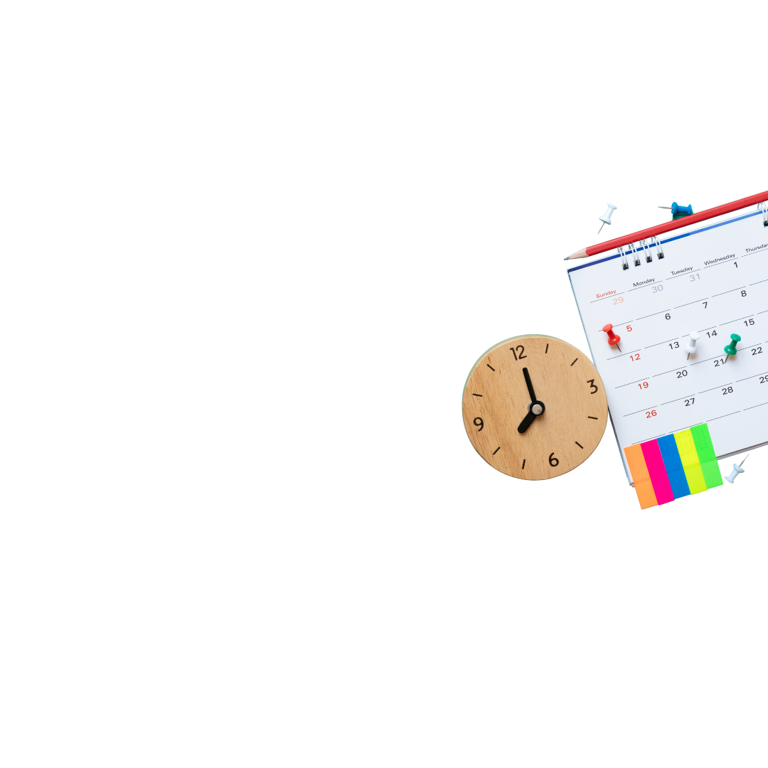 Desk items including a wooden clock showing 2:00, a small weekly planner with push pins, a red and blue pen, and colorful sticky notes.