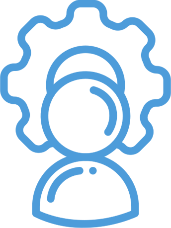 Line drawing of a person with gears in place of a head, symbolizing thinking or problem-solving.