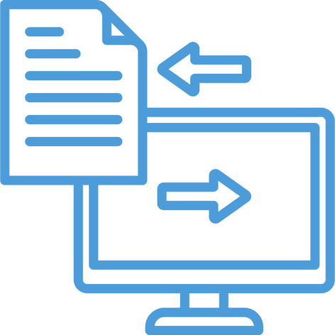 Icon of a document with text being transferred to a computer screen via arrows.
