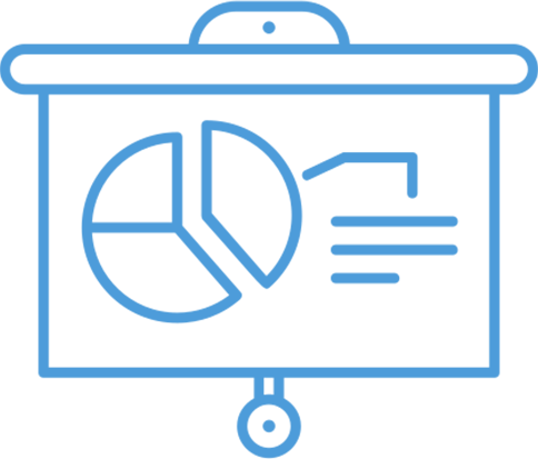 Outline icon of a presentation board with pie chart and bar graph.