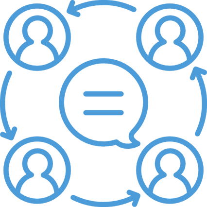 Diagram showing four people connected in a cycle with arrows, centered around a speech bubble.
